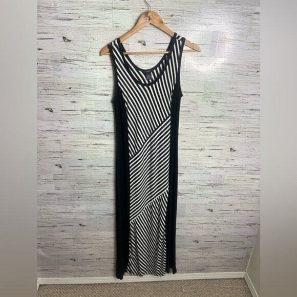 Ann Taylor Black Sleeveless Dress white striped large petite - Picture 1 of 5